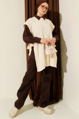 Örgü Yandan Bağlamalı Triko Süveter Taş - Triko