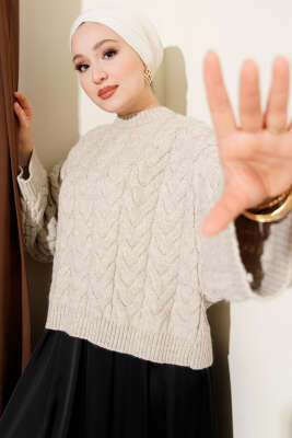 Örgülü Salaş Triko Kazak Bej - VANİZA TRİKO