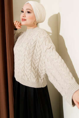 Örgülü Salaş Triko Kazak Bej - Triko Kazak