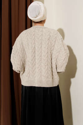 Örgülü Salaş Triko Kazak Bej - Triko Kazak