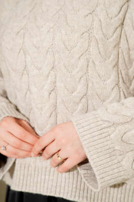 Örgülü Salaş Triko Kazak Bej - Triko Kazak