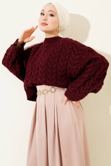 Örgülü Salaş Triko Kazak Bordo - Triko Kazak
