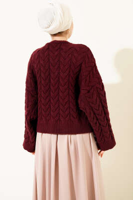 Örgülü Salaş Triko Kazak Bordo - Triko Kazak