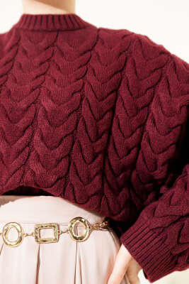 Örgülü Salaş Triko Kazak Bordo - Triko Kazak