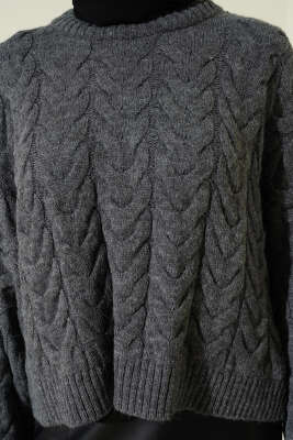 Örgülü Salaş Triko Kazak Füme - Triko Kazak