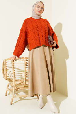 Örgülü Salaş Triko Kazak Kiremit - Triko Kazak