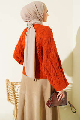 Örgülü Salaş Triko Kazak Kiremit - Triko Kazak