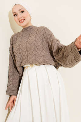 Örgülü Salaş Triko Kazak Vizon - VANİZA TRİKO