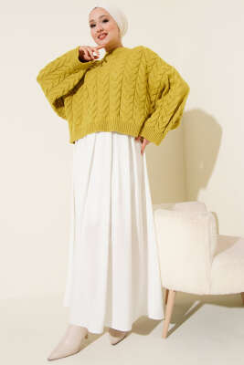 Örgülü Salaş Triko Kazak Yağ Yeşili - Triko Kazak