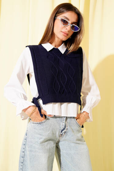 Örgülü Yanları Bağlamalı Kısa Süveter Lacivert - Kadın Giyim Modelleri