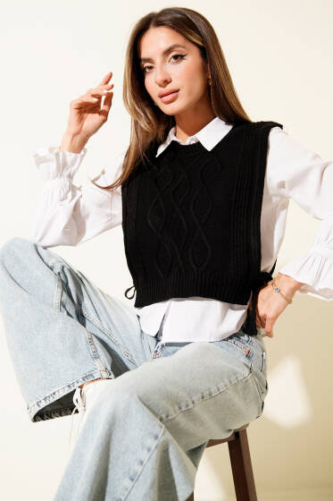 Örgülü Yanları Bağlamalı Kısa Süveter Siyah - Kadın Giyim Modelleri