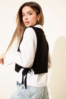 Örgülü Yanları Bağlamalı Kısa Süveter Siyah - Yılın Fırsatı