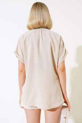 Örme Cepli Keten Gömlek Bej - Kadın Giyim Modelleri