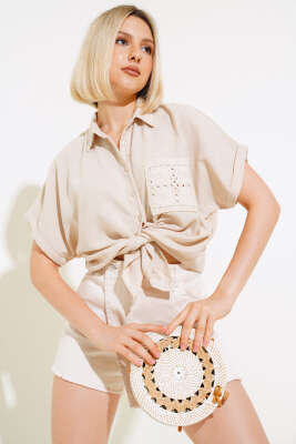 Örme Cepli Keten Gömlek Bej - Kadın Giyim Modelleri