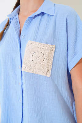 Örme Cepli Keten Gömlek Mavi - Kadın Giyim Modelleri