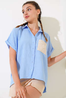 Örme Cepli Keten Gömlek Mavi - Kadın Giyim Modelleri