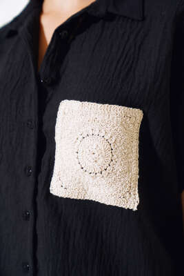 Örme Cepli Keten Gömlek Siyah - Kadın Giyim Modelleri