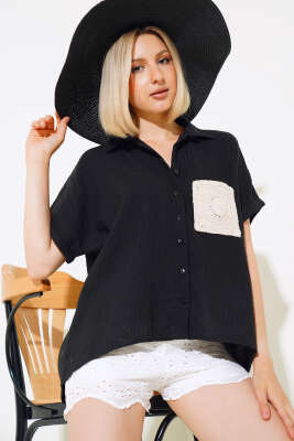 Örme Cepli Keten Gömlek Siyah - Kadın Giyim Modelleri