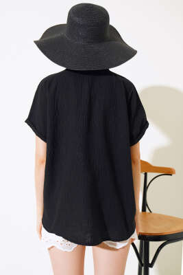 Örme Cepli Keten Gömlek Siyah - Kadın Giyim Modelleri