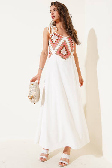 Örme Detaylı Askılı Elbise Ekru - Kadın Giyim Modelleri