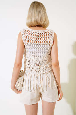 Örme Püsküllü Bluz Bej - Kadın Giyim Modelleri