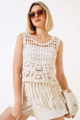 Örme Püsküllü Bluz Bej - Kadın Giyim Modelleri