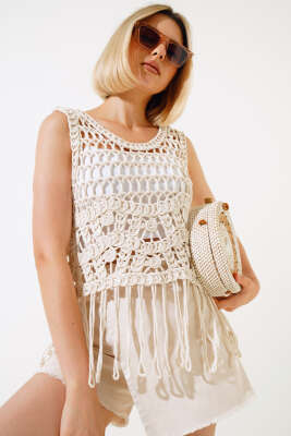 Örme Püsküllü Bluz Bej - Kadın Giyim Modelleri