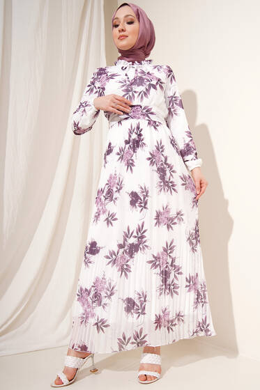 Ortanca Desenli Şifon Elbise Pudra - Tesettür Elbise