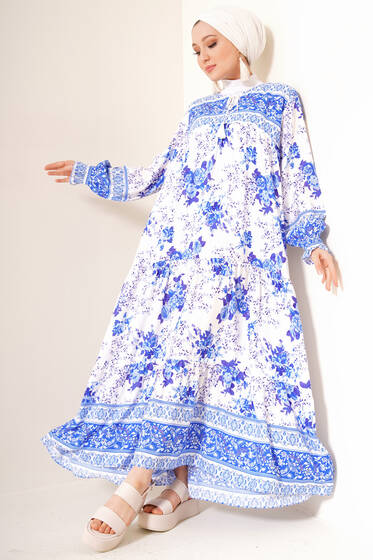 Otantik Çiçek Desenli Elbise Saks - Tesettür Elbise