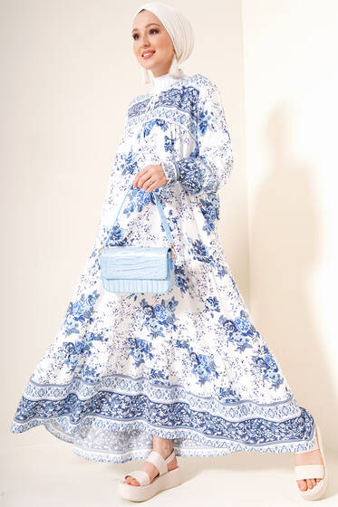 Otantik Çiçek Desenli Elbise İndigo - Tesettür Elbise