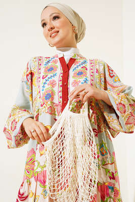 Otantik Çini Desenli Elbise Kiremit - Thumbnail
