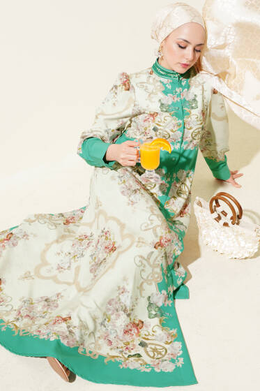 Otantik Desen Boydan Düğmeli Elbise Çağla Yeşili - Elbise