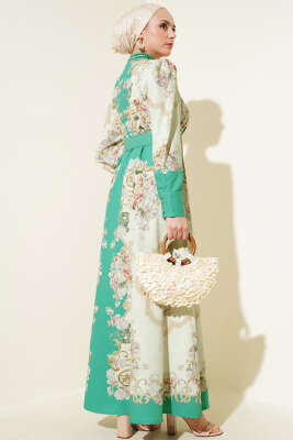 Otantik Desen Boydan Düğmeli Elbise Çağla Yeşili - Tesettür Elbise