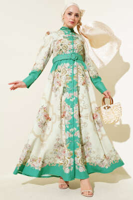 Otantik Desen Boydan Düğmeli Elbise Çağla Yeşili - Tesettür Elbise