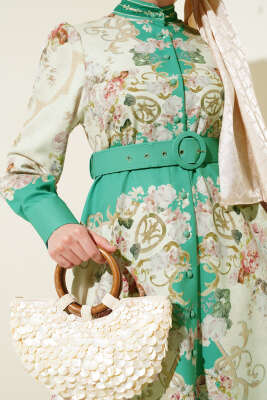 Otantik Desen Boydan Düğmeli Elbise Çağla Yeşili - Tesettür Elbise