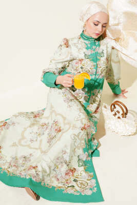 Otantik Desen Boydan Düğmeli Elbise Çağla Yeşili - Tesettür Elbise