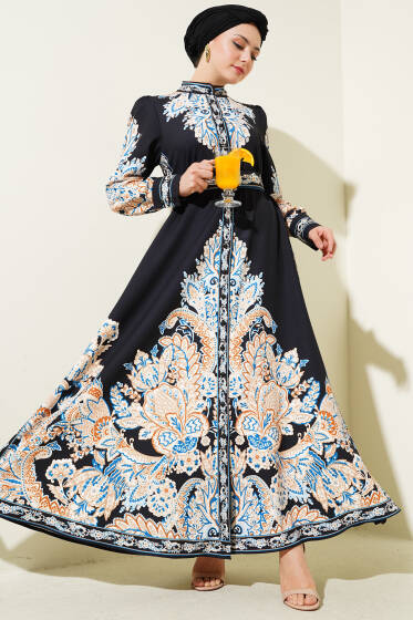Otantik Desen Boydan Düğmeli Elbise Siyah - Elbise