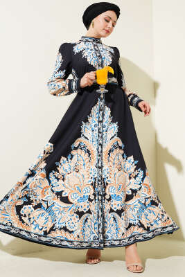 Otantik Desen Boydan Düğmeli Elbise Siyah 