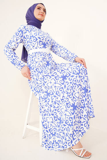 Otantik Desen Bürümcük Elbise İndigo - Tesettür Elbise