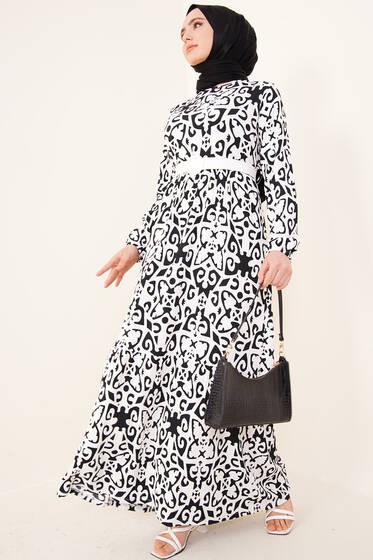 Otantik Desen Bürümcük Elbise Siyah - Tesettür Elbise