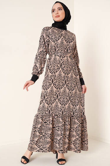 Otantik Desen Dokuma Elbise Camel - Tesettür Elbise
