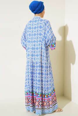 Otantik Desen Dokuma Kloş Elbise Saks - Tesettür Elbise