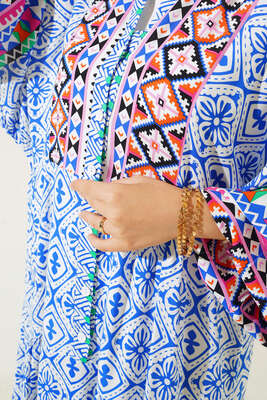 Otantik Desen Dokuma Kloş Elbise Saks - Tesettür Elbise