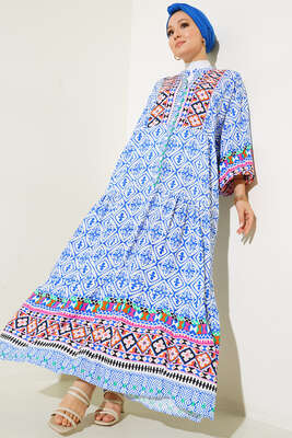 Otantik Desen Dokuma Kloş Elbise Saks 