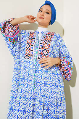 Otantik Desen Dokuma Kloş Elbise Saks - Tesettür Elbise