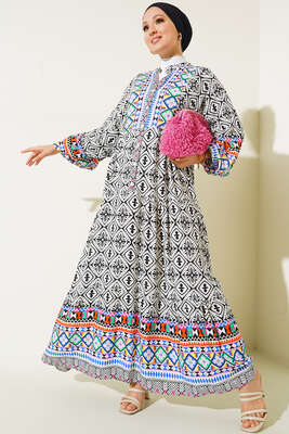 Otantik Desen Dokuma Kloş Elbise Siyah - NEVA MODA