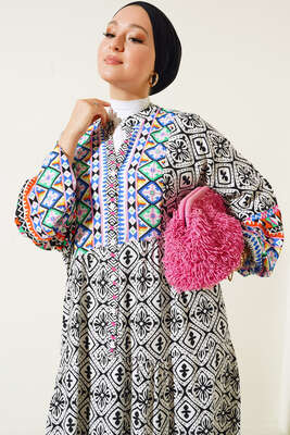 Otantik Desen Dokuma Kloş Elbise Siyah - Tesettür Elbise