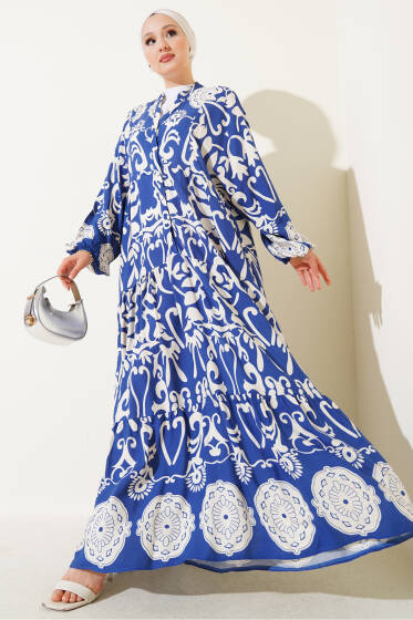 Otantik Desen Düğmeli Kat Elbise Mavi - Elbise