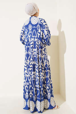 Otantik Desen Düğmeli Kat Elbise Mavi - Tesettür Elbise