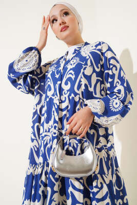 Otantik Desen Düğmeli Kat Elbise Mavi - Tesettür Elbise
